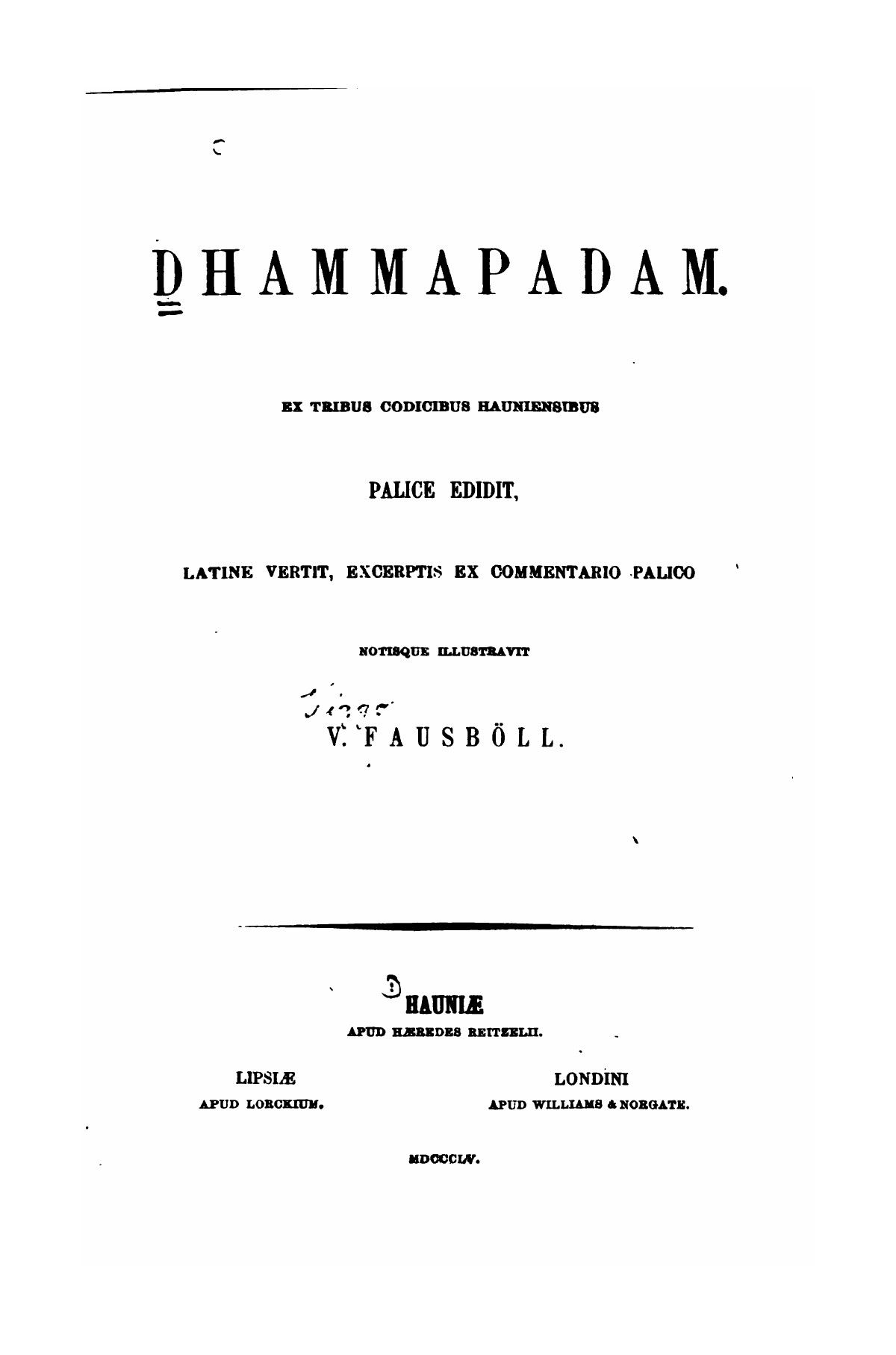 Title page of Viggo Fausbøll's 1855 Dhammapadam, printed in Copenhagen and London